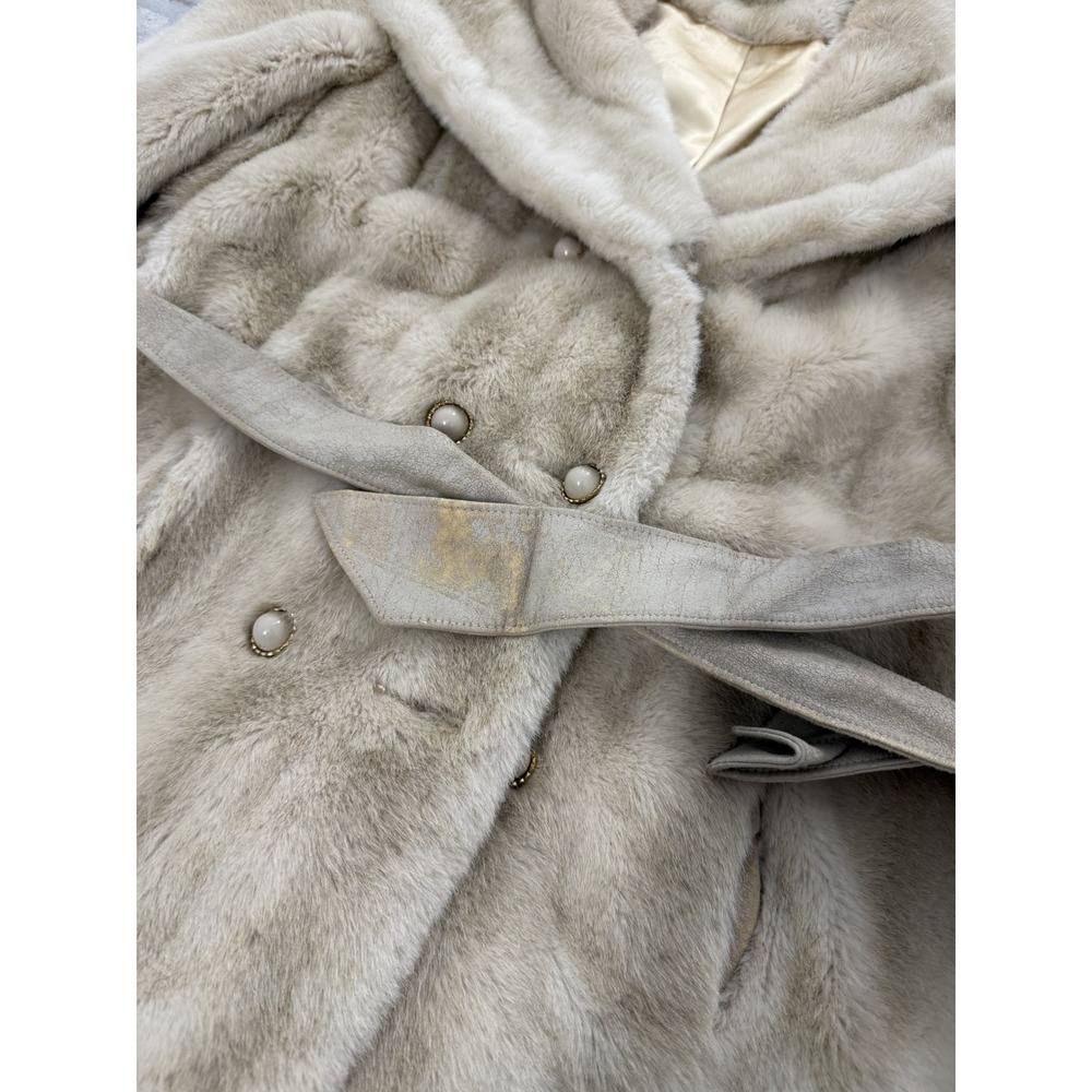 Vintage union made Faux Fur Mink Coat Belted Collar Double Breasted Cream - Picture 2 of 10